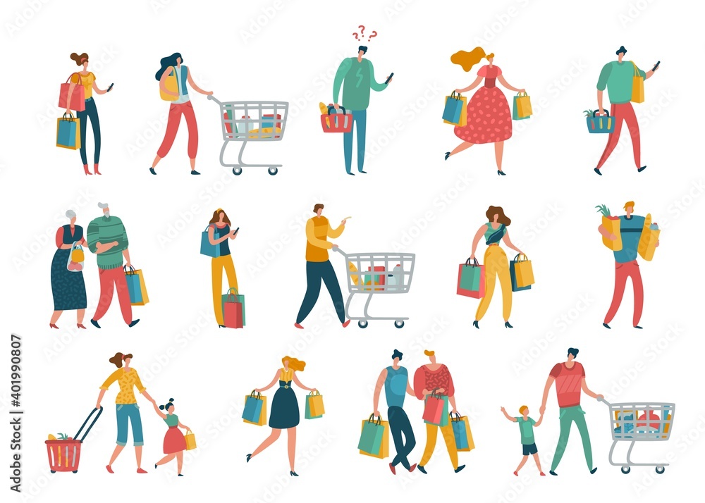 Shopping cartoon people. Man, woman and families with shopping bags in mall, supermarket and grocery. Couples and parents with kids buying gifts in shop flat vector isolated cartoon set