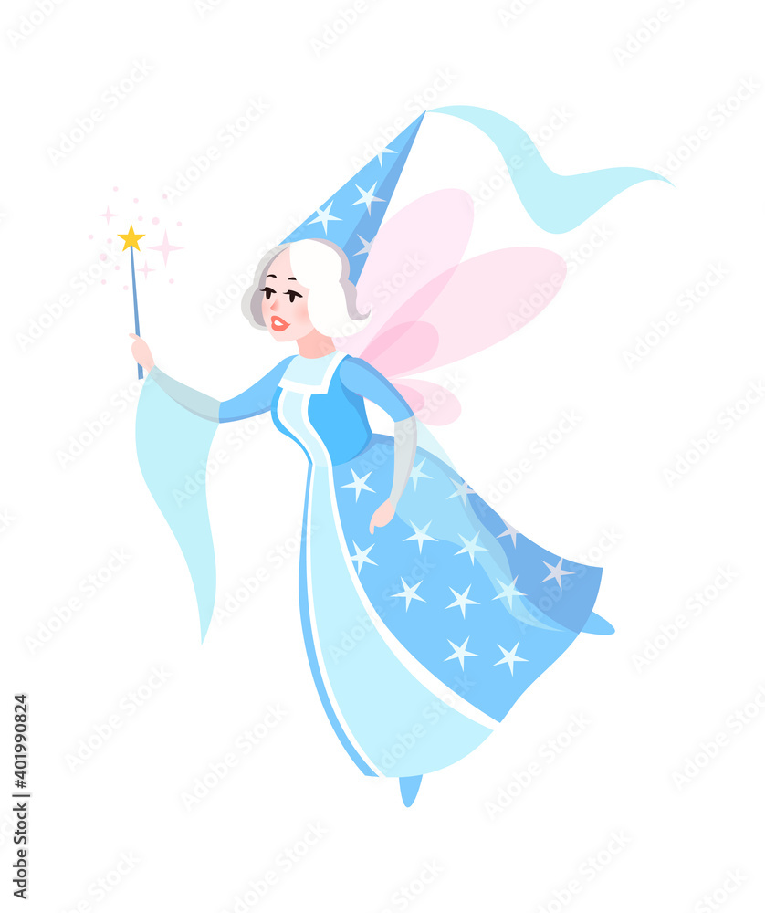 Fairy tales character. Cartoon woman in dress and cone hat with butterfly wings, sorceress with magic wand, fantasy creature witch, kids fairytale myth flat vector isolated illustration Fairy tales character. Cartoon woman in dress and cone hat with butterfly wings, sorceress with magic wand, fantasy creature witch, kids fairytale myth flat vector isolated illustration