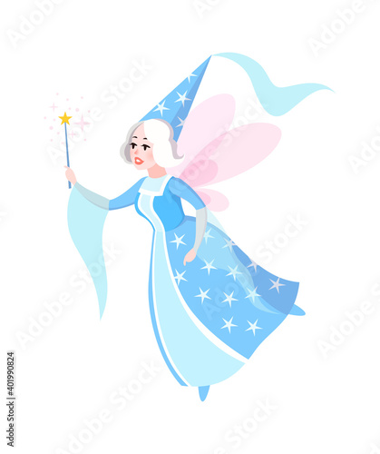 Fairy tales character. Cartoon woman in dress and cone hat with butterfly wings  sorceress with magic wand  fantasy creature witch  kids fairytale myth flat vector isolated illustration