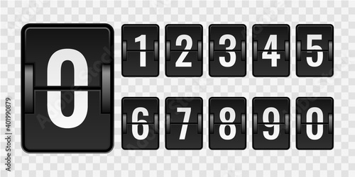 Mechanical scoreboard. Realistic countdown numbers for counter isolated on transparent background, watch with white flip scores on black plaques, automatic timetable vector template