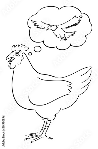 Vector cartoon conceptual illustration of chicken or hen dreaming or thinking about flying like eagle.