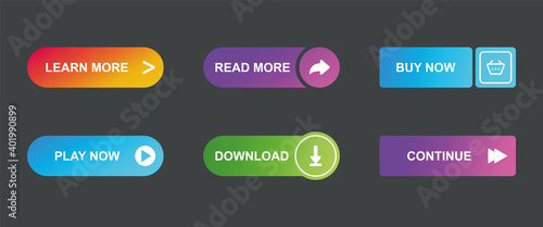 Set of button for website design on dark grey background. Different colors of elements and gradient. Web icons. Vector