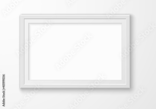Image white frame. Realistic blank elegant picture on wall  modern interior template  rectangular empty photoframe mockup  montage space for illustration or photography vector element