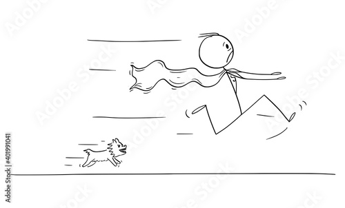 Vector cartoon stick figure illustration of scared hero or superhero running away in panic or fear from small angry cute dog chasing him.