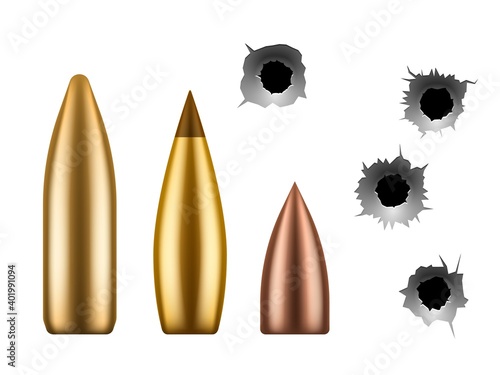 Bullets and bullet holes. Circle hole in metal wall, close up gunshot texture and caliber of weapon, shooting handgun firearm, 3d gun shoot ammo element vector isolated set