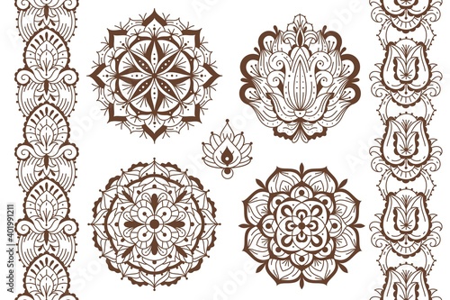 Mehndi elements. Ethnic temporary henna tattoo elegant brown ornaments, oriental seamless borders and mandalas, indian traditional floral laces design, decor template vector isolated set