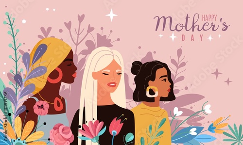 Mothers day. Women portraits with bouquets flowers, spring and love inspiration cartoon poster, multinational beautiful young moms. Vector illustration for postcard or greeting card