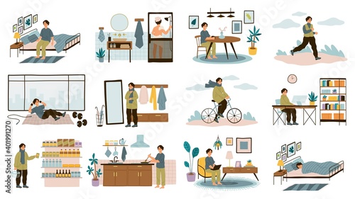 Daily man routine. Everyday young guy life activities, male leisure and work, home and office, sport and walk, sleep and breakfast. Different everyday situations. Vector cartoon set