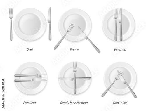 Dining etiquette. White porcelain plates with silverware, restaurant rules,  top view cutlery positions, forks and knives signals, signs to waiter.  Vector concept realistic isolated icons Stock Vector | Adobe Stock