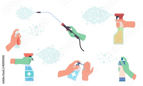Disinfectant spray in hand. Detergent sanitizer, antiseptics and protection gloves, household chemicals bottles, prevention virus protection spray, washing products vector flat set