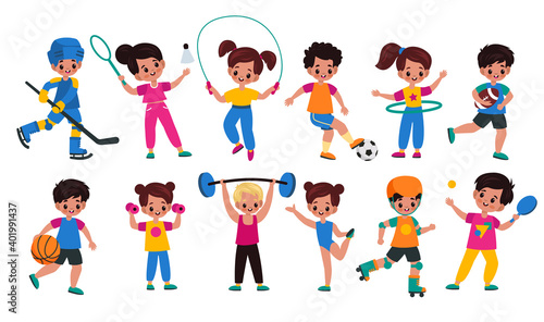 Sport kids. Children with sports attributes, boys and girls with different balls, fitness accessories and rackets. Young characters plays hockey, tennis and basketball. Cartoon vector set