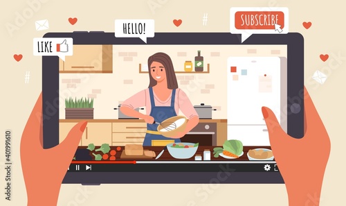 Cooking Live Streaming. Hands hold tablet with video, blogger prepares meal online, woman cooks homemade food, apps icons, vlog or show channel with culinary tutorial, vector concept