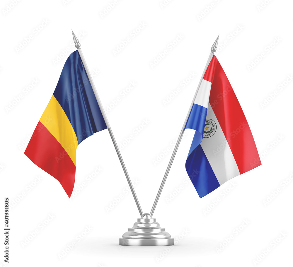Paraguay and Chad table flags isolated on white 3D rendering Paraguay and Chad table flags isolated on white 3D rendering