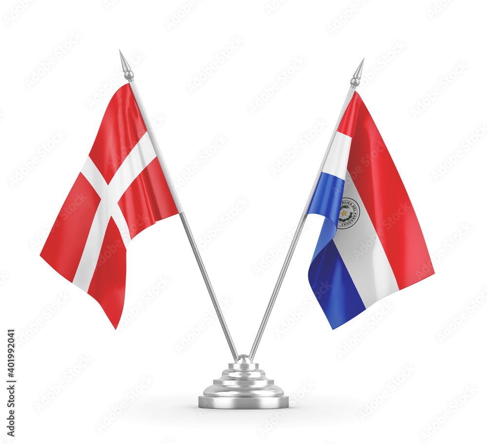 Paraguay and Denmark table flags isolated on white 3D rendering