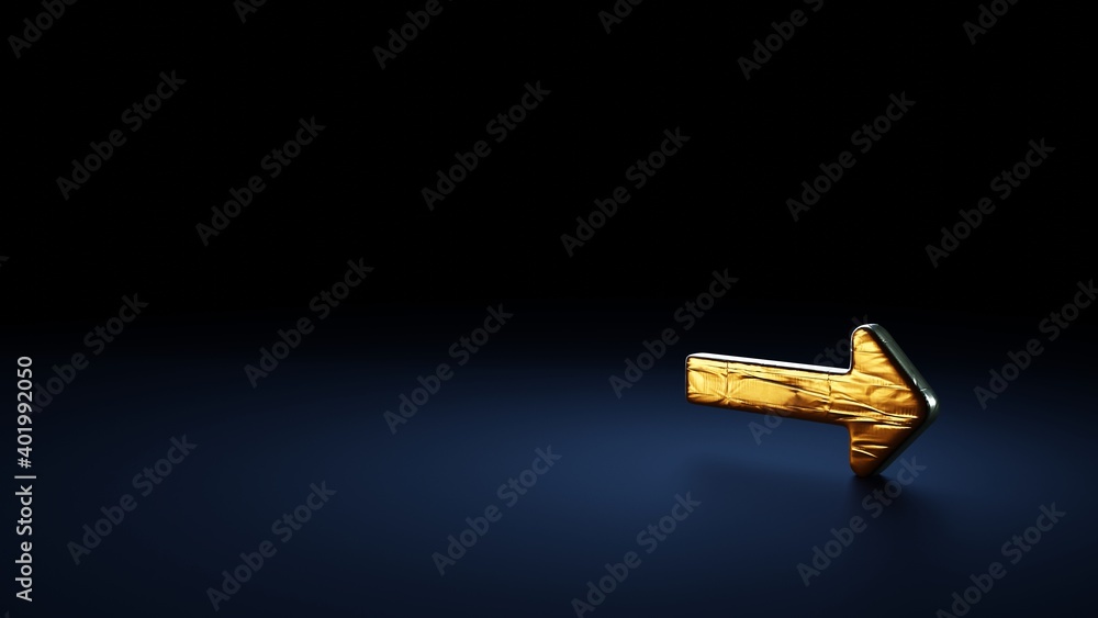 3d rendering symbol of long arrow right wrapped in gold foil on dark blue background 3d rendering symbol of long arrow right wrapped in gold foil on dark blue background