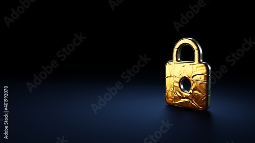 3d rendering symbol of locked padlock wrapped in gold foil on dark blue background
