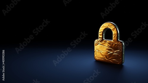 3d rendering symbol of lock wrapped in gold foil on dark blue background