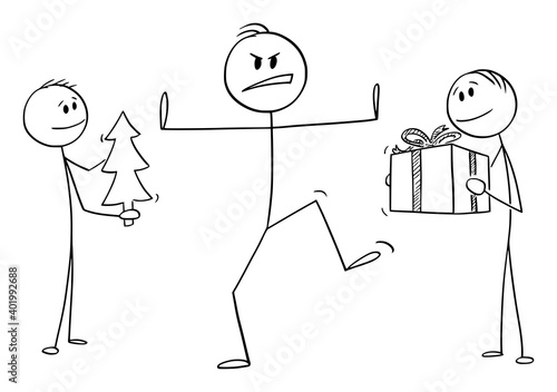 Vector cartoon stick figure illustration of man rejecting Christmas tree and gift.