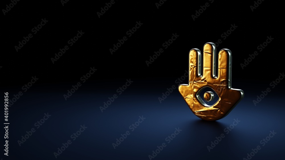 3d rendering symbol of hamsa wrapped in gold foil on dark blue background