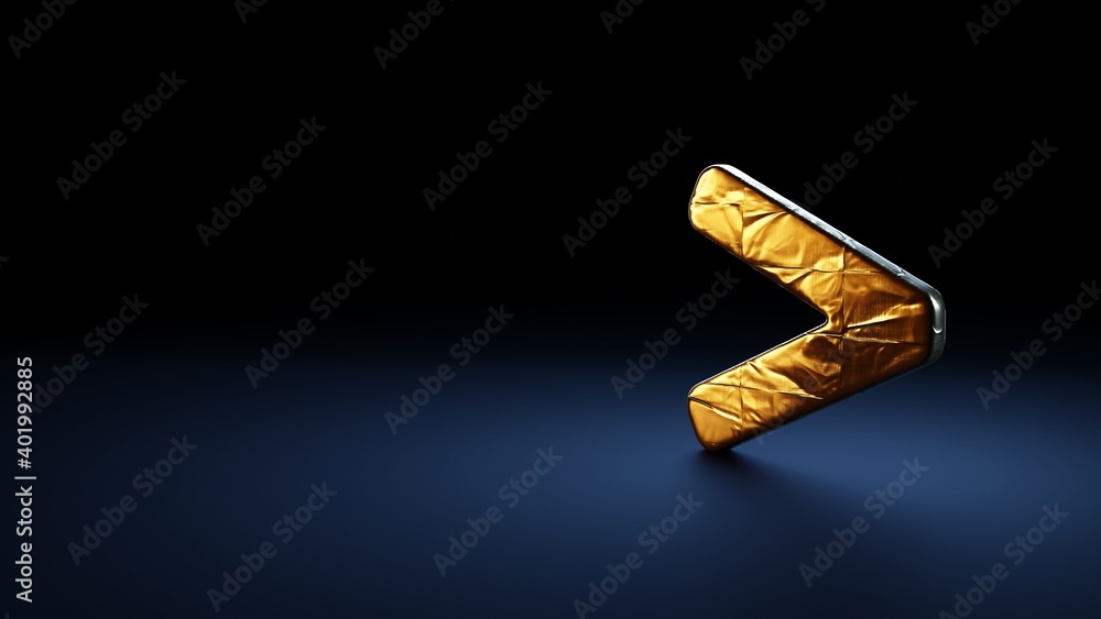 3d rendering symbol of greater than wrapped in gold foil on dark blue background 3d rendering symbol of greater than wrapped in gold foil on dark blue background
