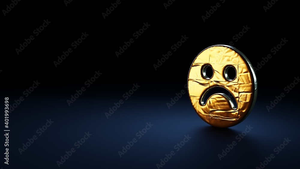 3d rendering symbol of emoticons sad wrapped in gold foil on dark blue background 3d rendering symbol of emoticons sad wrapped in gold foil on dark blue background