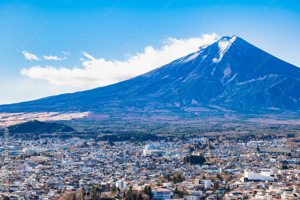 富士山と富士吉田市周辺の町並み