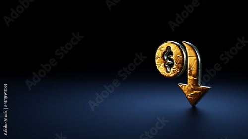 3d rendering symbol of devaluation wrapped in gold foil on dark blue background photo