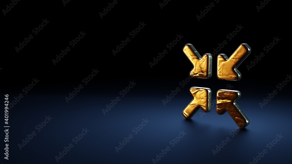 3d rendering symbol of compress arrows wrapped in gold foil on dark blue background 3d rendering symbol of compress arrows wrapped in gold foil on dark blue background