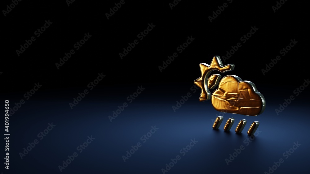 3d rendering symbol of cloud sun rain wrapped in gold foil on dark blue background