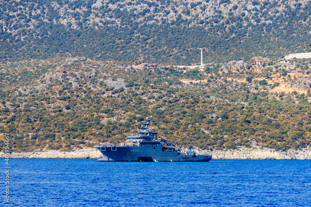 Turkish navy warship sailing in the Mediterranean sea. Protection of ...
