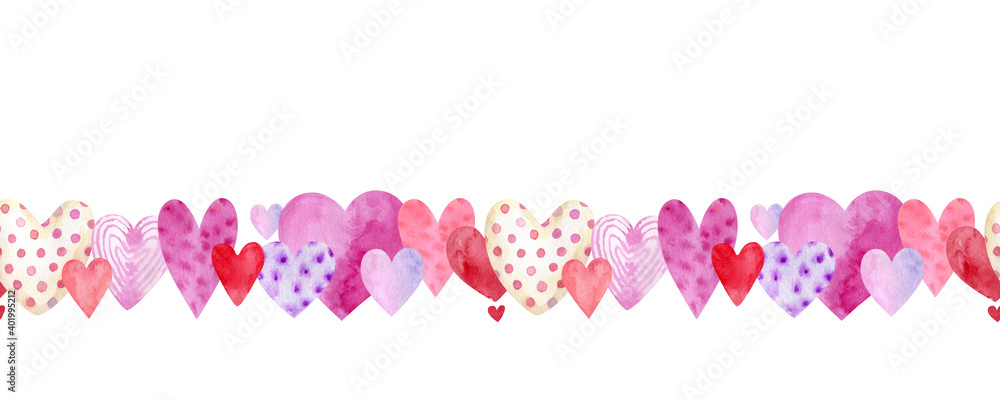 seamless border with multicolored hearts, watercolor illustration hand painted on white background