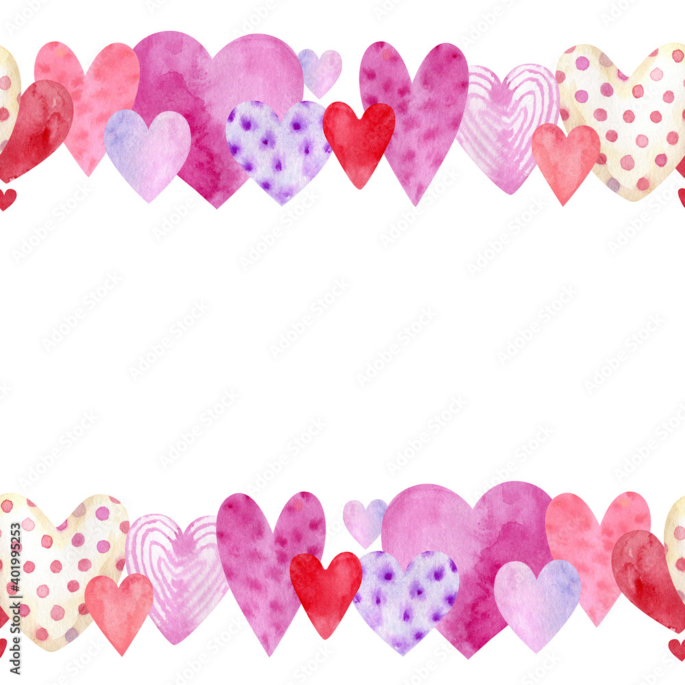 seamless pattern with multicolored hearts, watercolor illustration hand painted on dark background