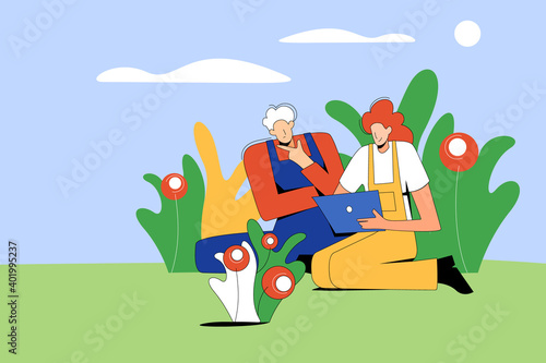 A man and a woman are studying flowers in the field. Plant breeders. Agricultural land analytics, modern flat design. Field of flowers, abstract illustration.