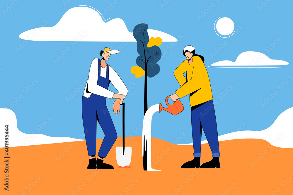 A man and a woman are caring for a tree against the backdrop of the sun and clouds. Guy with a shovel and a girl with a watering can, modern flat design.