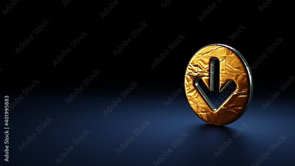 3d rendering symbol of down arrow in circle wrapped in gold foil on dark blue background 3d rendering symbol of down arrow in circle wrapped in gold foil on dark blue background