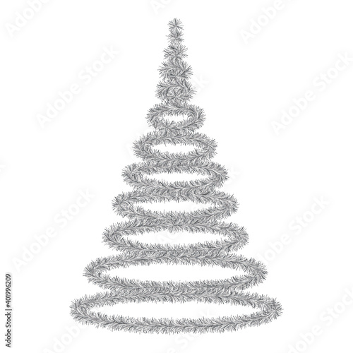 Christmas tree. A tree made of fluffy tinsel. Colored vector illustration. Isolated white background. Silver fir. Happy new year and merry christmas. Idea for web design.