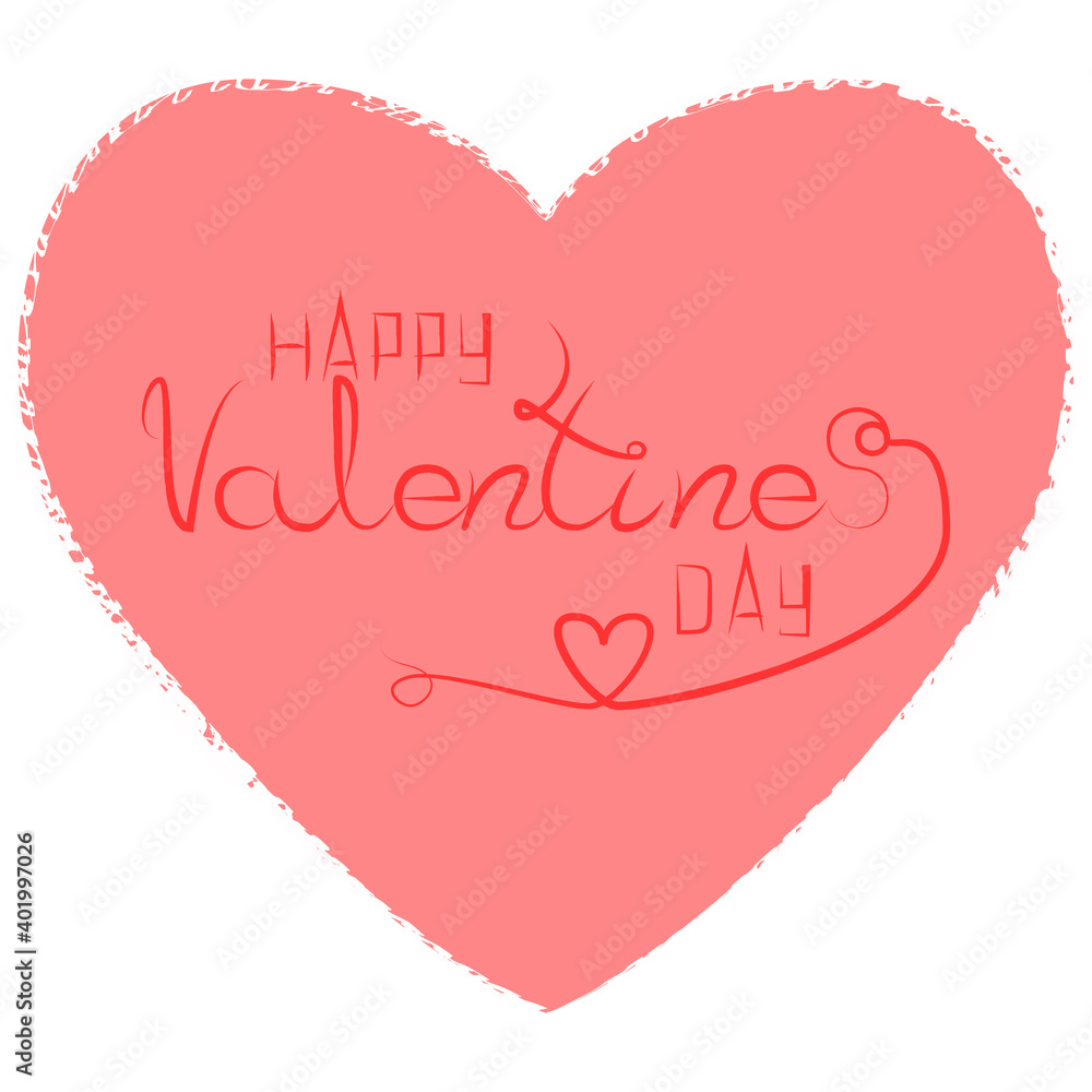 Happy Valentines Day typography poster with handwritten calligraphy text on heart, red text on pink heart isolated on white background. Vector Illustration