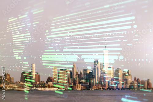 Multi exposure of abstract graphic world map on Manhattan cityscape background, big data and networking concept © Pixels Hunter