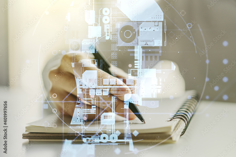 Double exposure of creative human head microcircuit with man hand writing in notepad on background. Future technology and AI concept