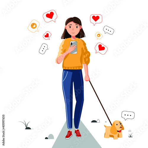 vector illustration of a girl looking at the phone and walking the dog photo