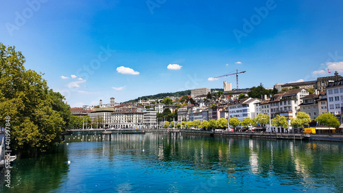 Blue sky and riverside street in Zurich, Swiss