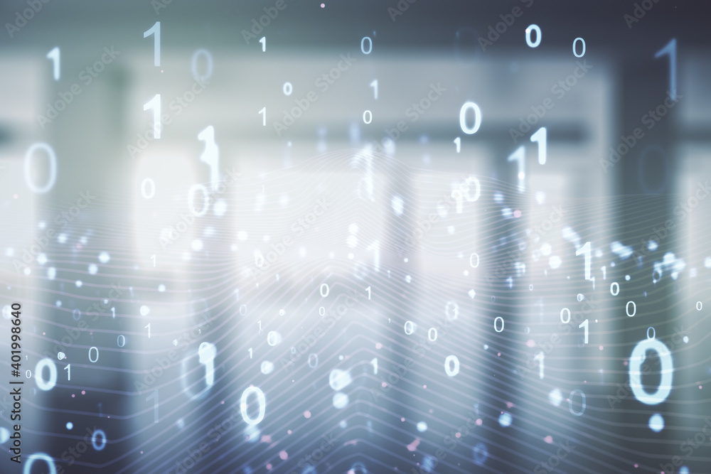 Fototapeta premium Abstract virtual binary code illustration on empty corporate office background. Big data and coding concept. Multiexposure