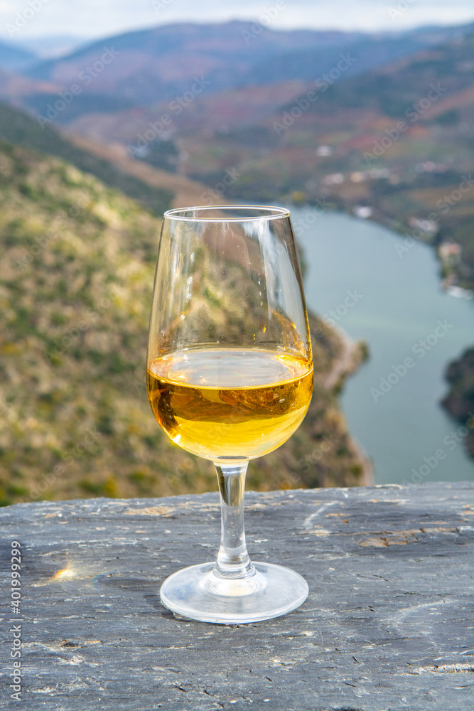 Glass of Portuguese fortified port wine, produced in Douro Valley and Douro river with colorful terraced vineyards on background in autumn, Portugal