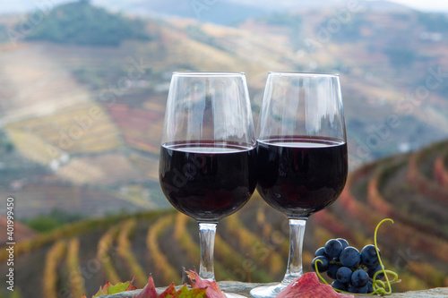 Tasting of Portuguese fortified port wine  produced in Douro Valley with colorful terraced vineyards on background in autumn  Portugal