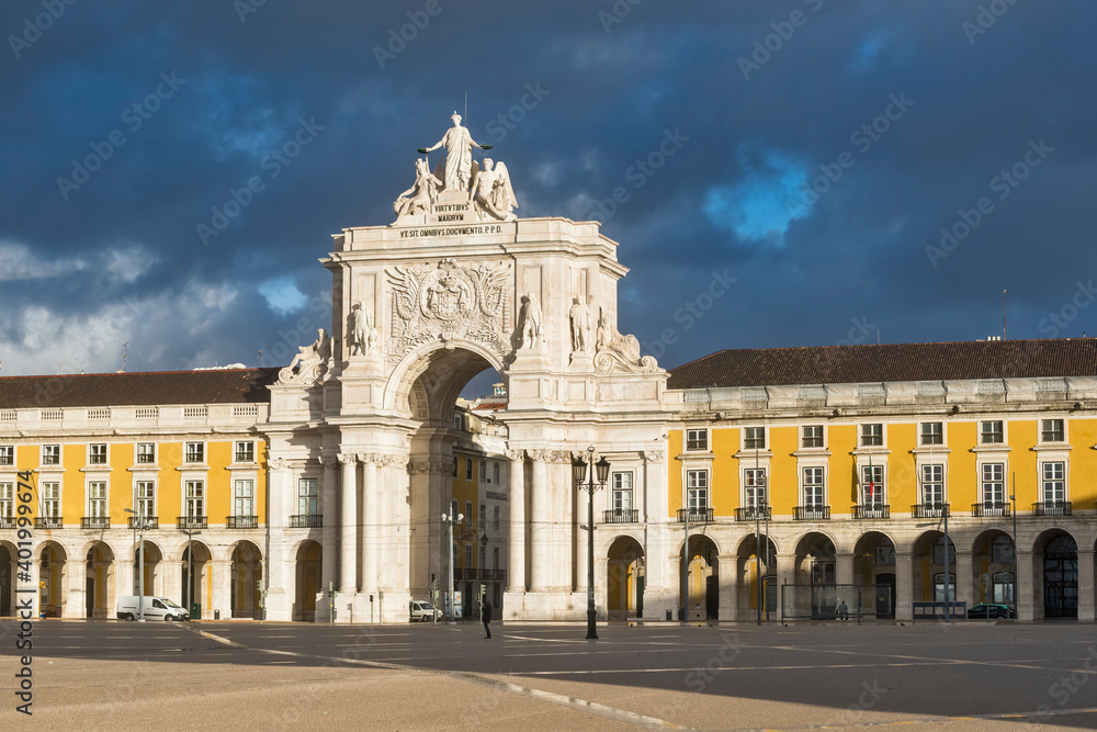 Praca do Comercio Square with triumphal arch, statue of King José I and traditional architecture in Lisbon, Portugal
