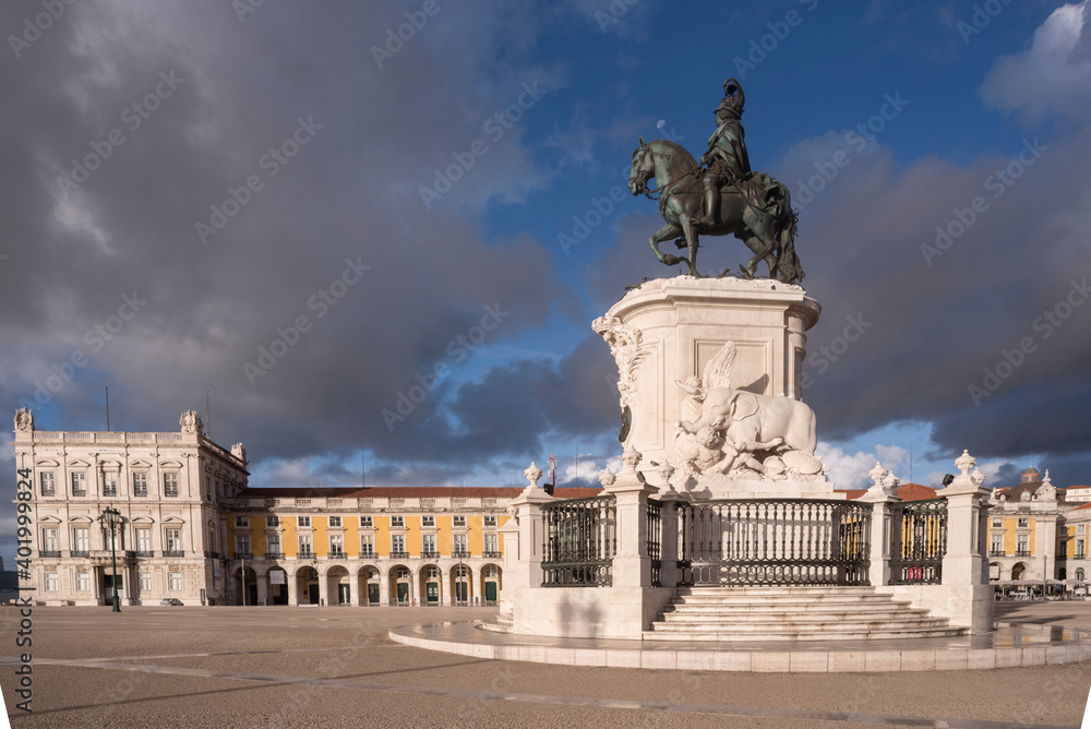 Praca do Comercio Square with statue of King José I and traditional architecture in Lisbon, Portugal