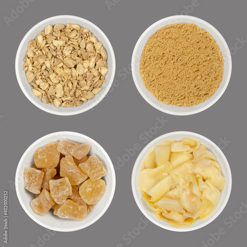 Фотография Processed ginger root in white bowls, over gray