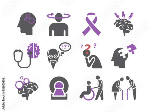 Alzheimer's disease and dementia. Symptoms, Treatment. Vector signs for web graphics. photo