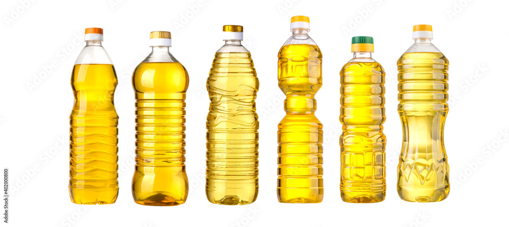 vegetable or sunflower oil in plastic bottle - obrazy, fototapety, plakaty 