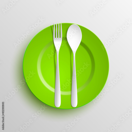 Plate, spoon and fork isolated on napkin background. Canteen icon. dining room badge. buffet icon. Here you can eat picture. Fast food restaurant badge. illustration
